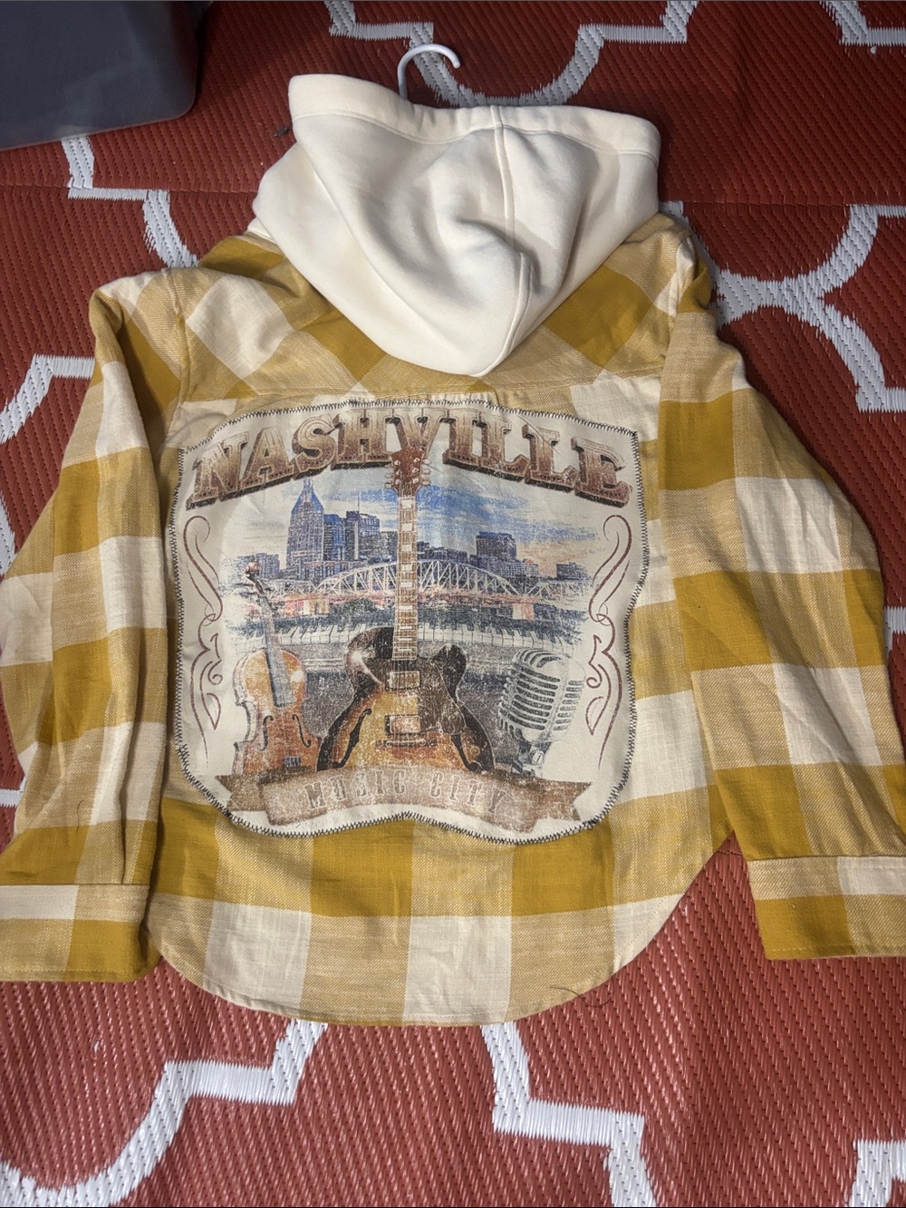 Women Yellow Plaid Hoodie Shirt with Nashville Graphic. Upcycle. New hoodie.
